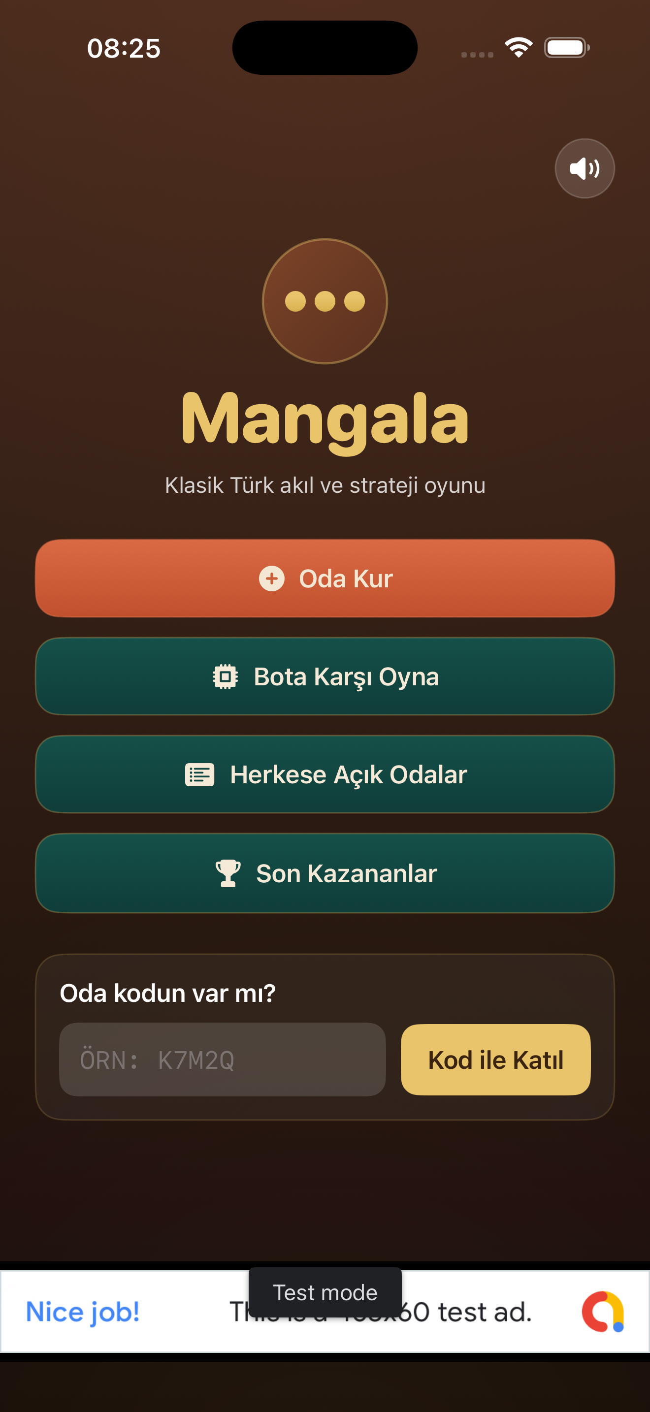 Mangala ana ekranı; bota karşı oyna ve oda kur menüsü.