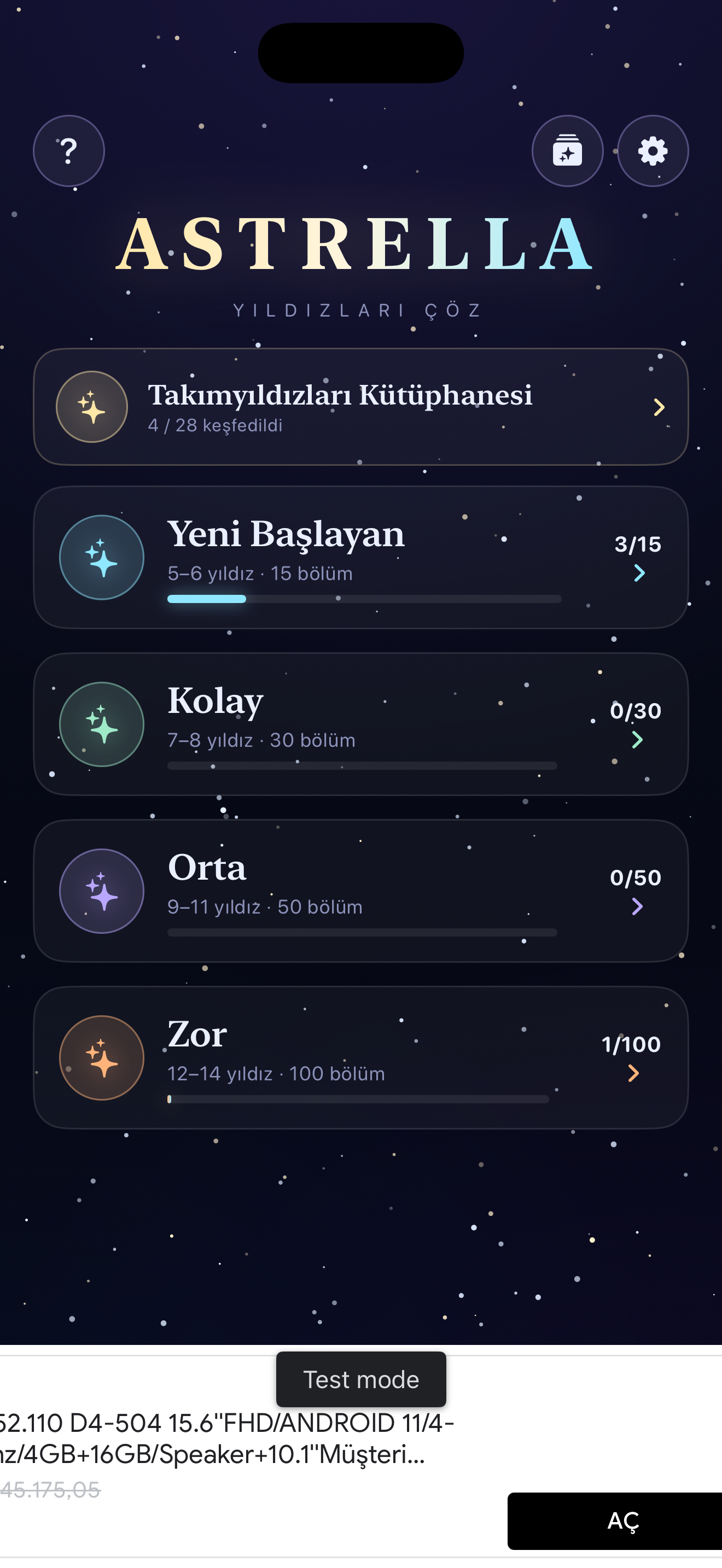 Astrella ana ekranı; gece-göğü temalı başlık ve menü.