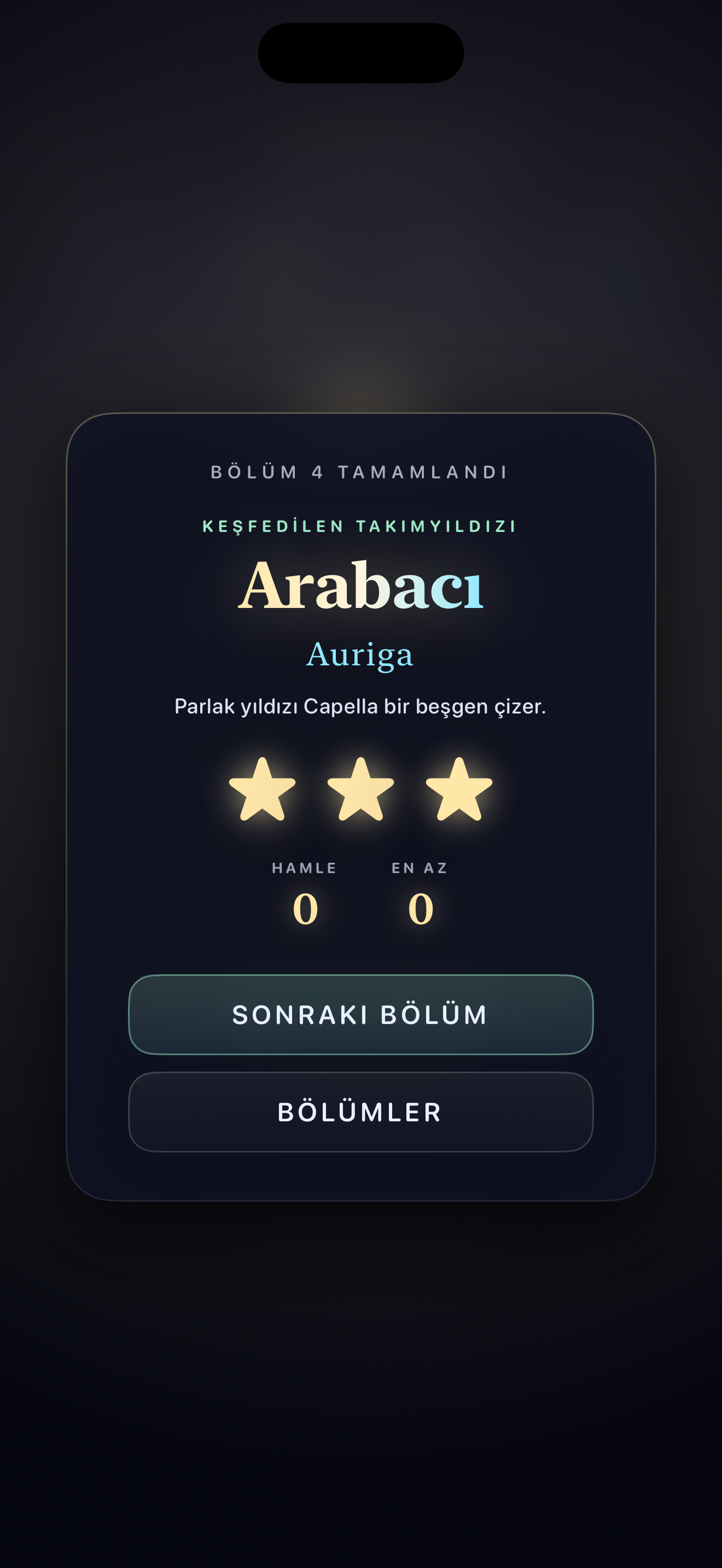 Astrella takımyıldızı açığa çıkma ekranı; çözülen bulmacanın gerçek takımyıldızı adı.