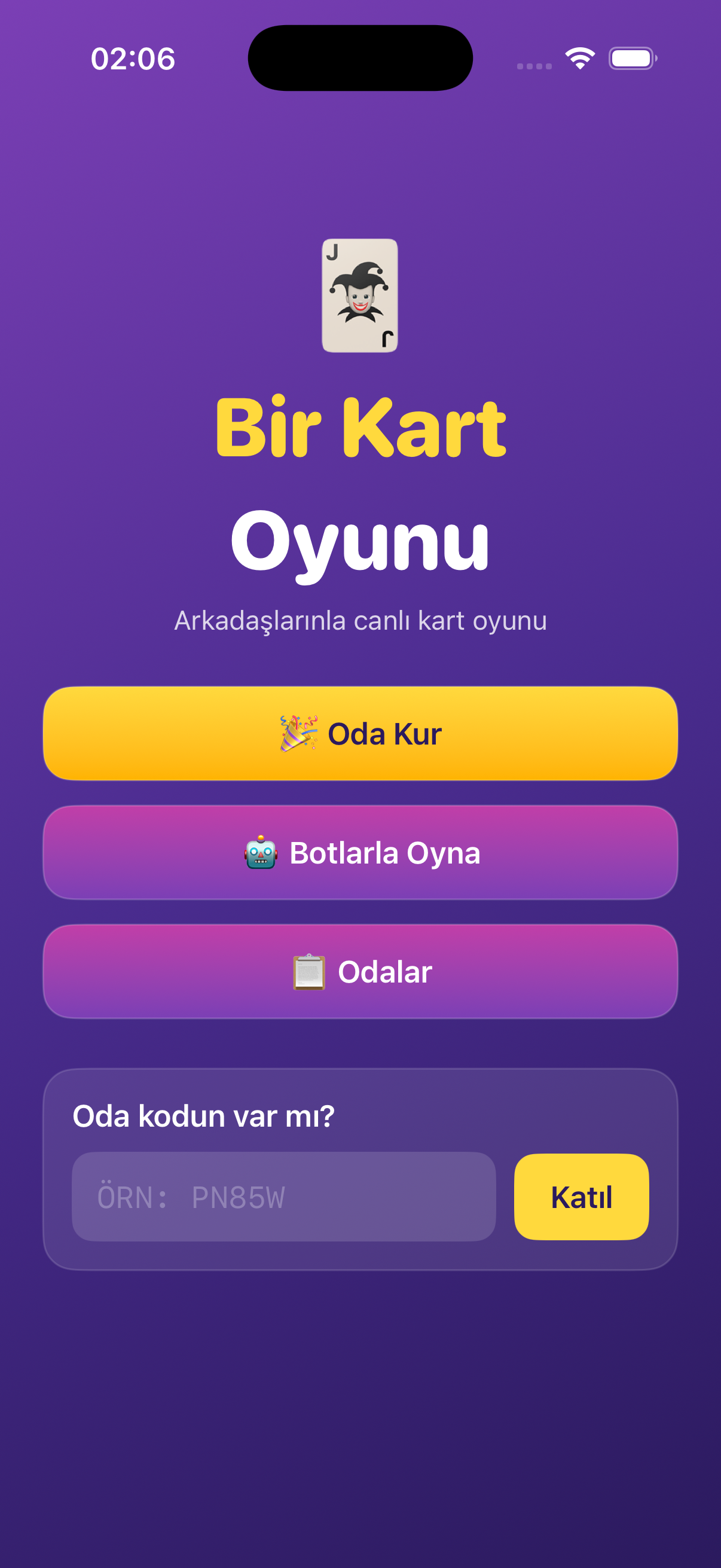 Bir Kart Oyunu ana ekranı; oda oluşturma, katılma ve oda tarayıcısı menüsü.