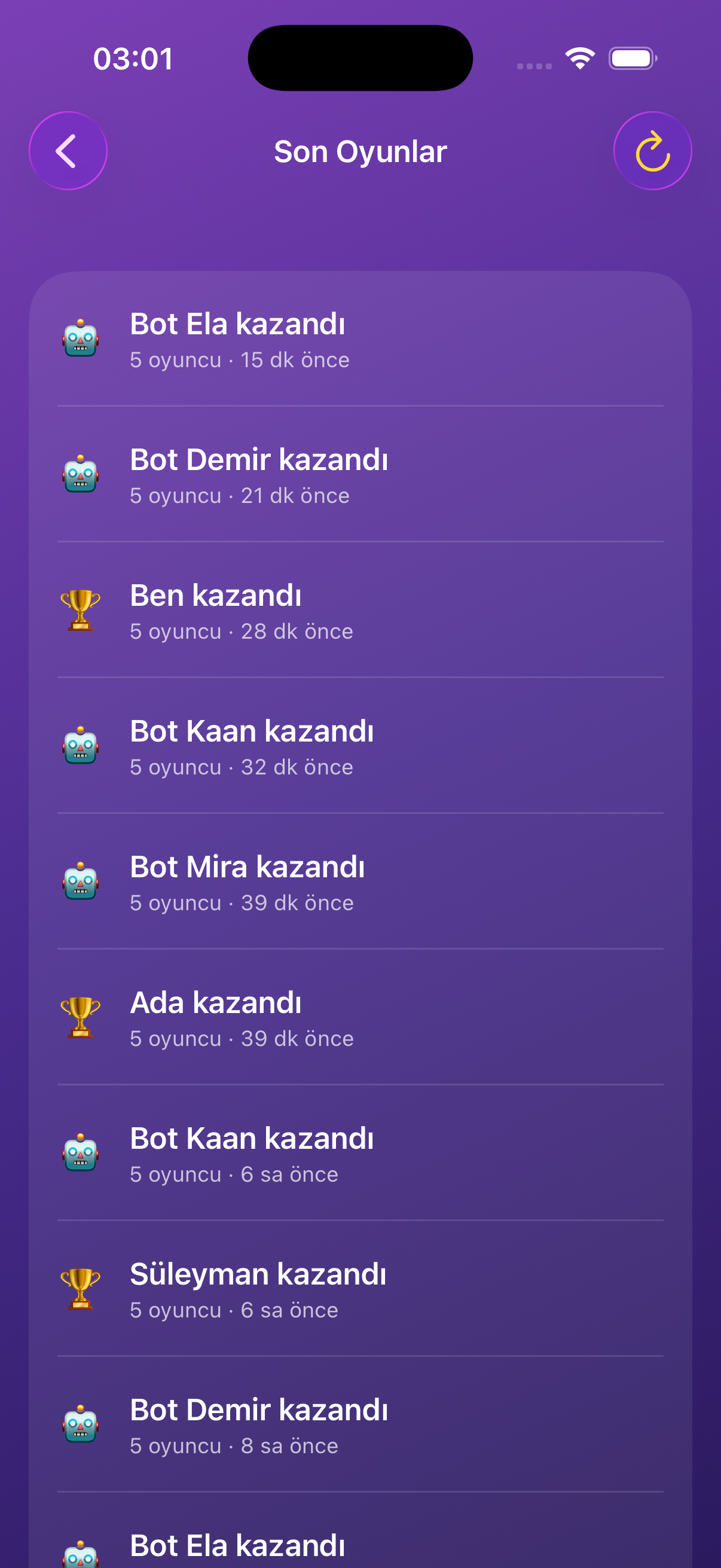 Bir Kart Oyunu son oyunlar ekranı; oynanan maçların geçmişi.