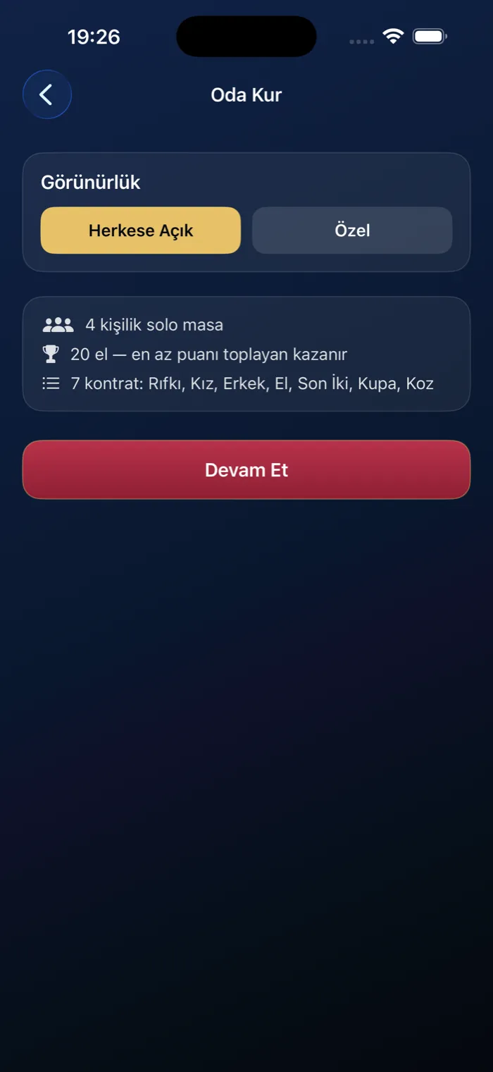 King oda oluşturma ekranı; botlara karşı veya arkadaşlarla oynamak için oda seçenekleri.