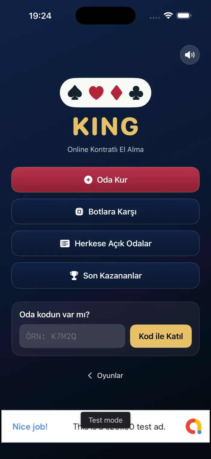 King ana ekranı; online çok oyunculu kontratlı el alma oyununun giriş menüsü.