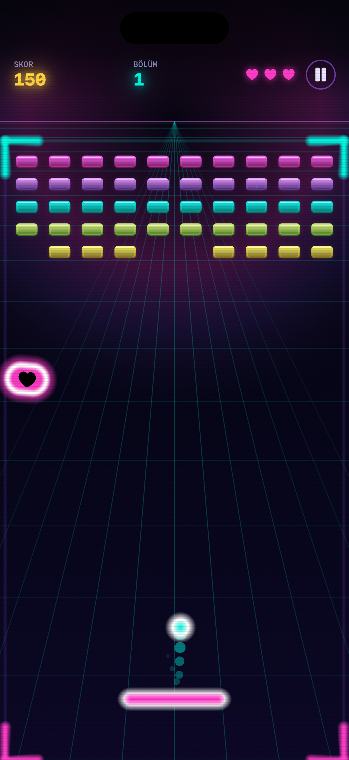 Neon Breaker oynanışı; topun neon tuğlaları kırdığı aksiyon anı.