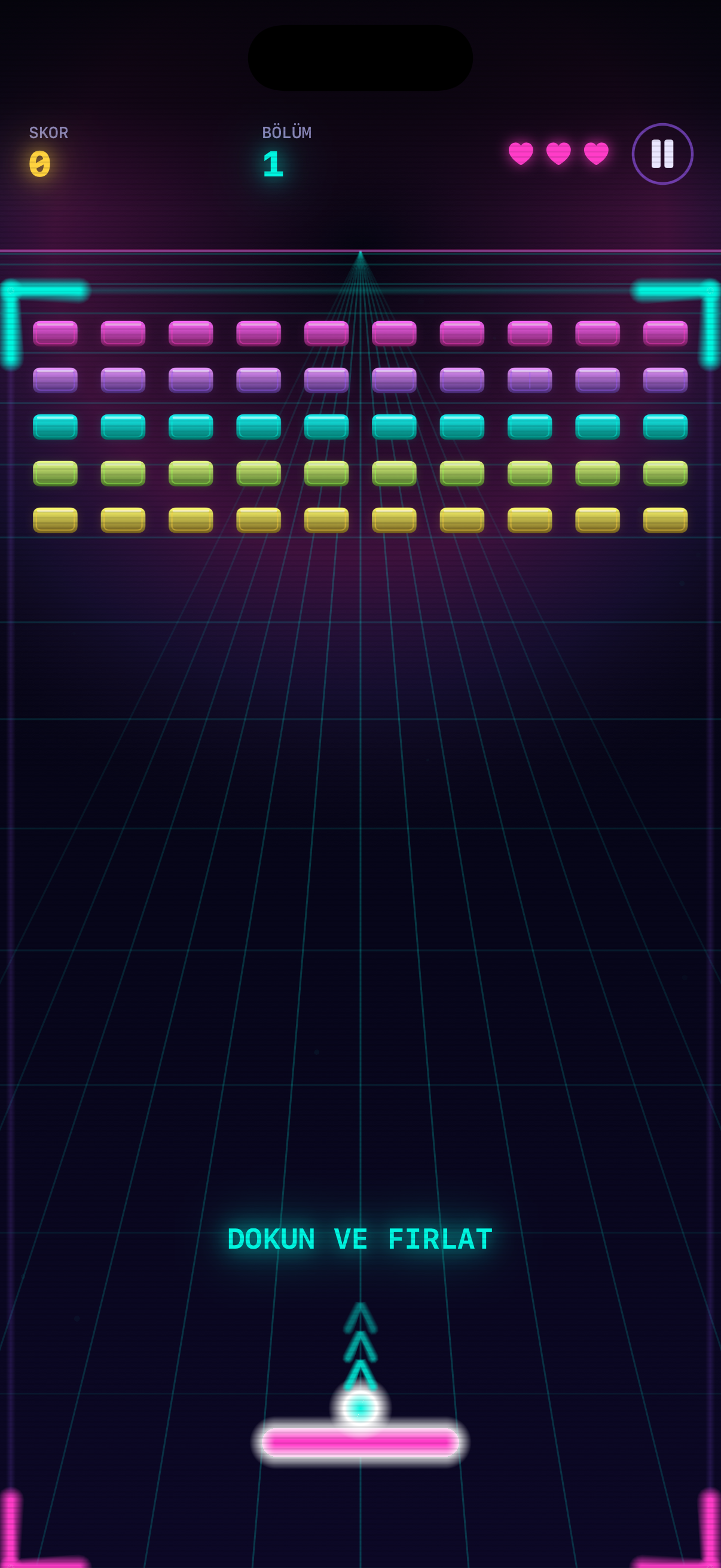 Neon Breaker oynanışı; palet, top ve renkli neon tuğlalar.