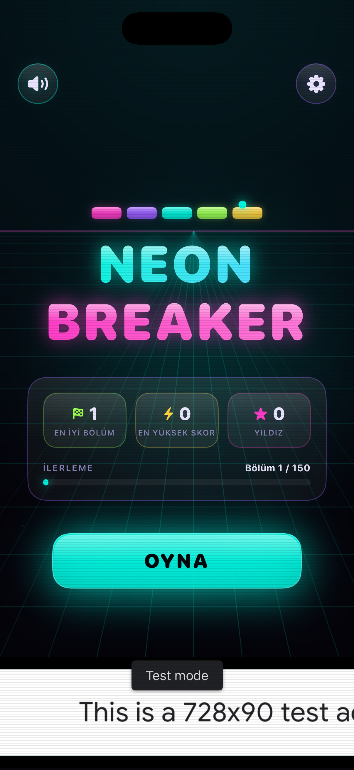 Neon Breaker ana ekranı; synthwave neon başlık ve menü.