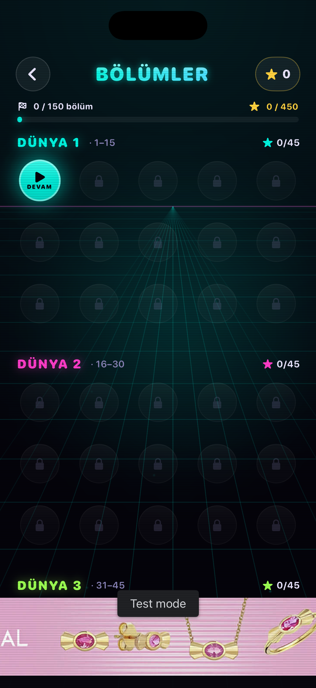 Neon Breaker bölüm seçim ekranı; prosedürel bölümlerin ızgara görünümü.