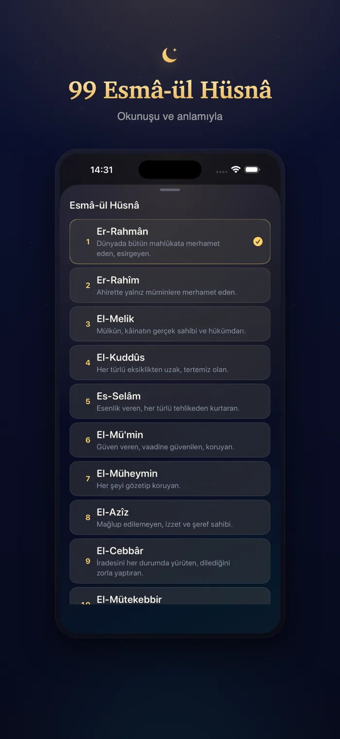 Vakit Esmâ-ül Hüsnâ ekranı; Allah’ın 99 ismi ve anlamları.