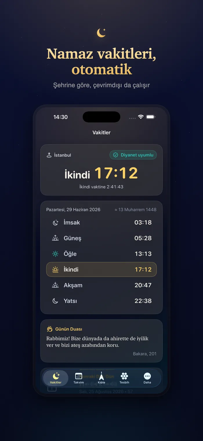 Vakit namaz vakitleri ekranı; imsak, güneş, öğle, ikindi, akşam ve yatsı vakitleri ile bir sonraki vakte canlı geri sayım.